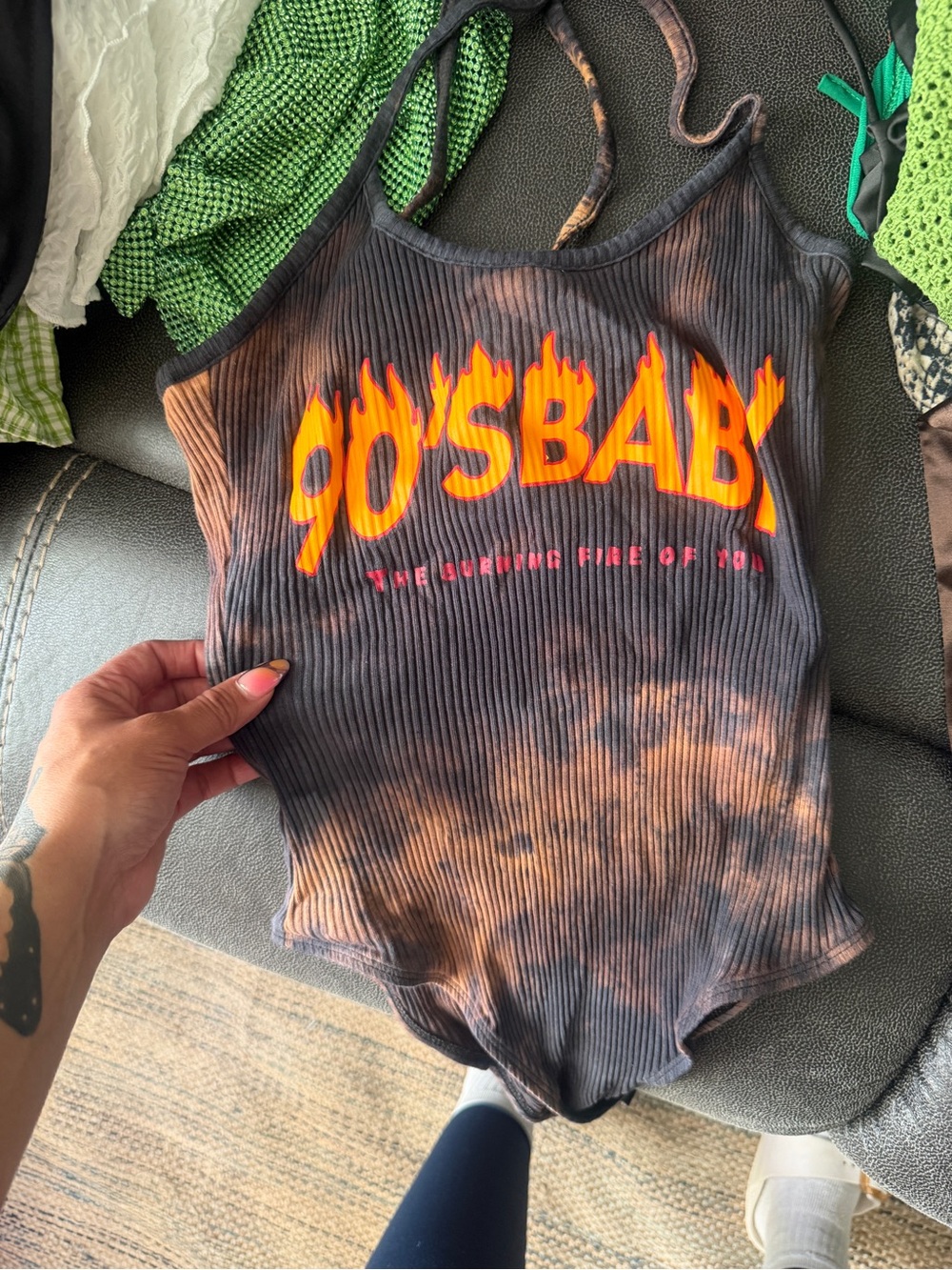 90's Baby Graphic Ribbed Bodysuit - Black & Orange